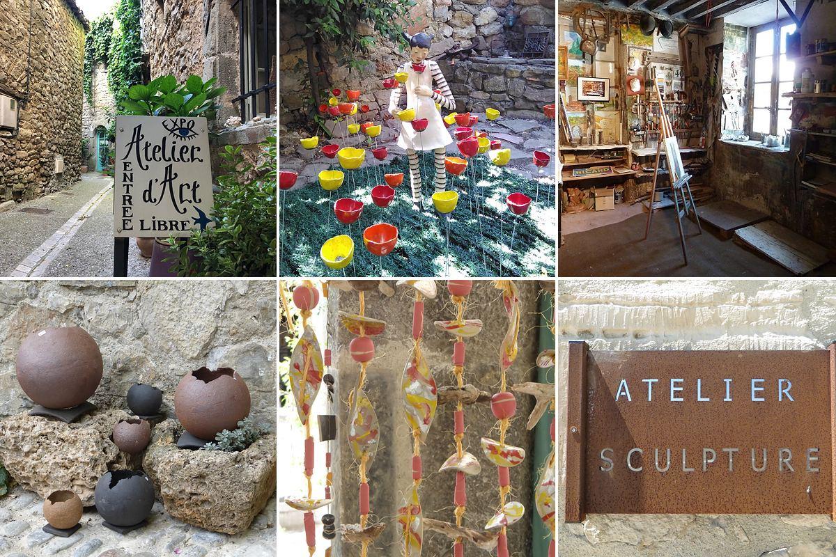Meeting artists and craftspeople in a village in the Aude: art studio sign, ceramic sculpture and flowers, a painter’s studio, pottery and a ceramic mobile