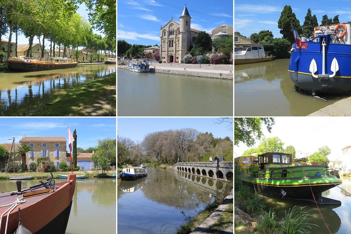 Walking along the Canal du Midi in the Aude: moored barges, plane-tree avenue, stone aqueduct bridge, a château on the quay and a house with blue shutters