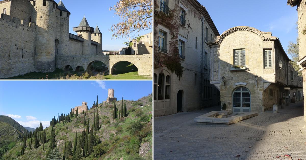 Château comtal in Carcassonne, a cobbled square in the Cité and the Lastours castles on their rocky spur: Carcassonne and the Black Mountain