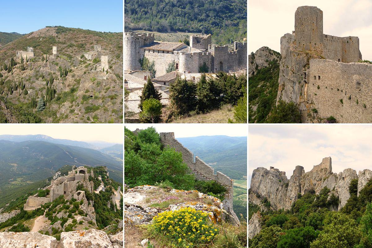 In the footsteps of the Cathars in the Aude: the four castles of Lastours, Villerouge-Termenès castle and the fortress of Peyrepertuse, ramparts and broom in flower
