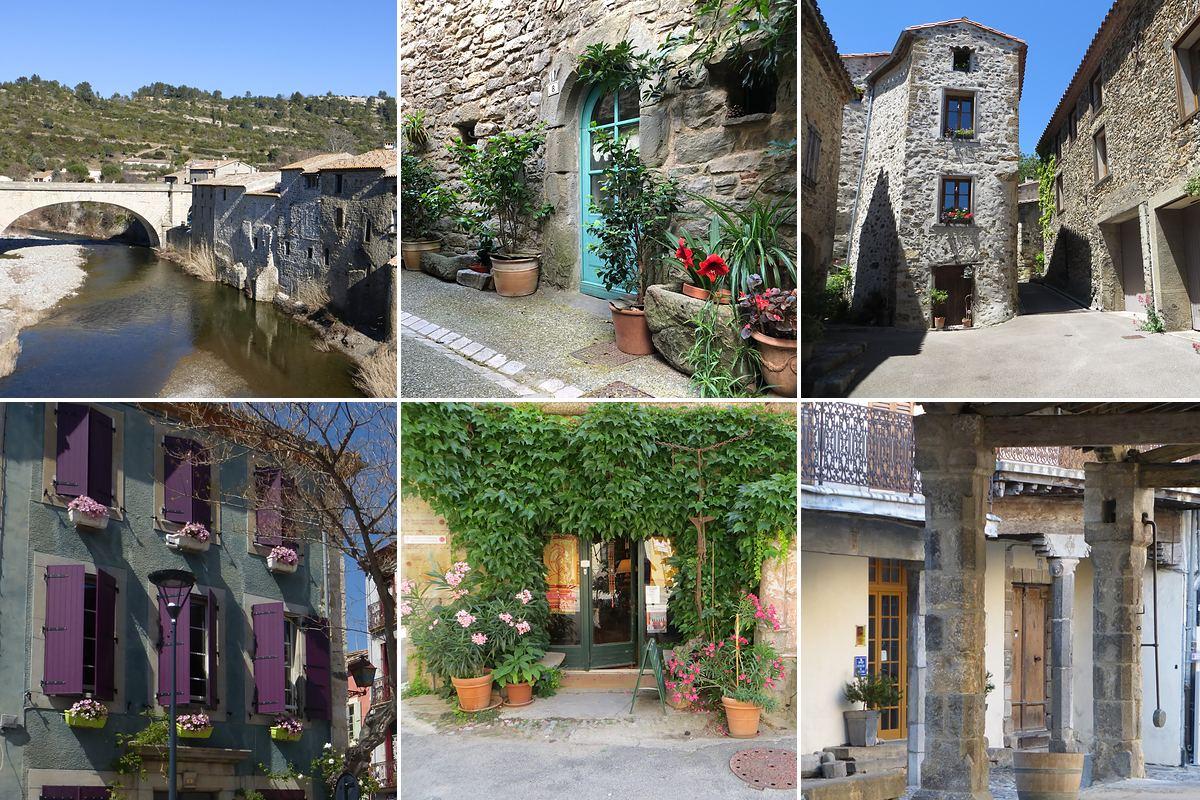 Discovering charming villages in the Aude: stone bridge over the river, turquoise door, village lanes, purple shutters, a flowered shopfront and covered market