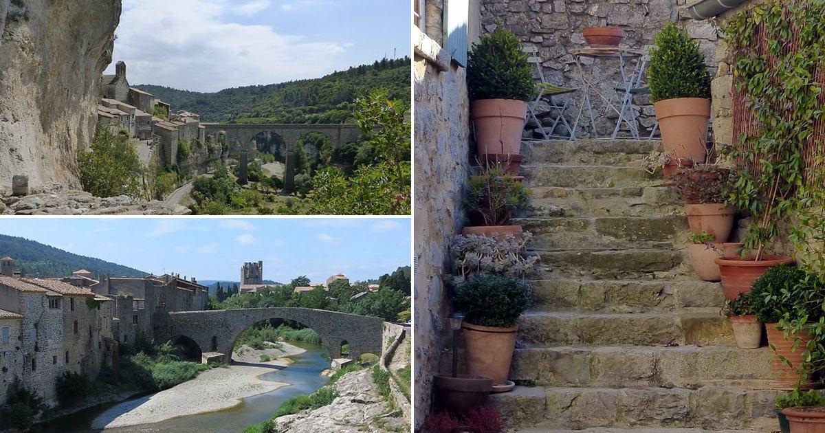 Minerve facing its viaduct, the medieval bridge over the Orbieu at Lagrasse and a flowered stone staircase: Corbières-Minervois, Aude