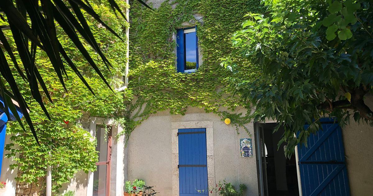 Courtyard of the French school in Fabrezan, in the Aude: stone house covered in Virginia creeper, blue doors and shutters, flower pots in the sun