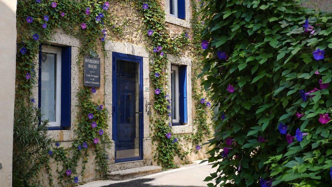 Stone façade of the Naturellement Français school in Fabrezan, in the Aude: blue door and shutters, the school sign and purple morning glories on the wall