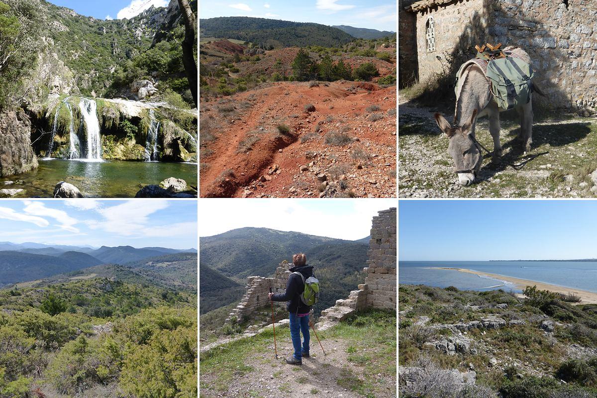 Hiking in preserved landscapes of the Aude: waterfall, red earth, a donkey by a chapel, scrubland, a hiker at the ruins, and a sand spit between sea and lagoon