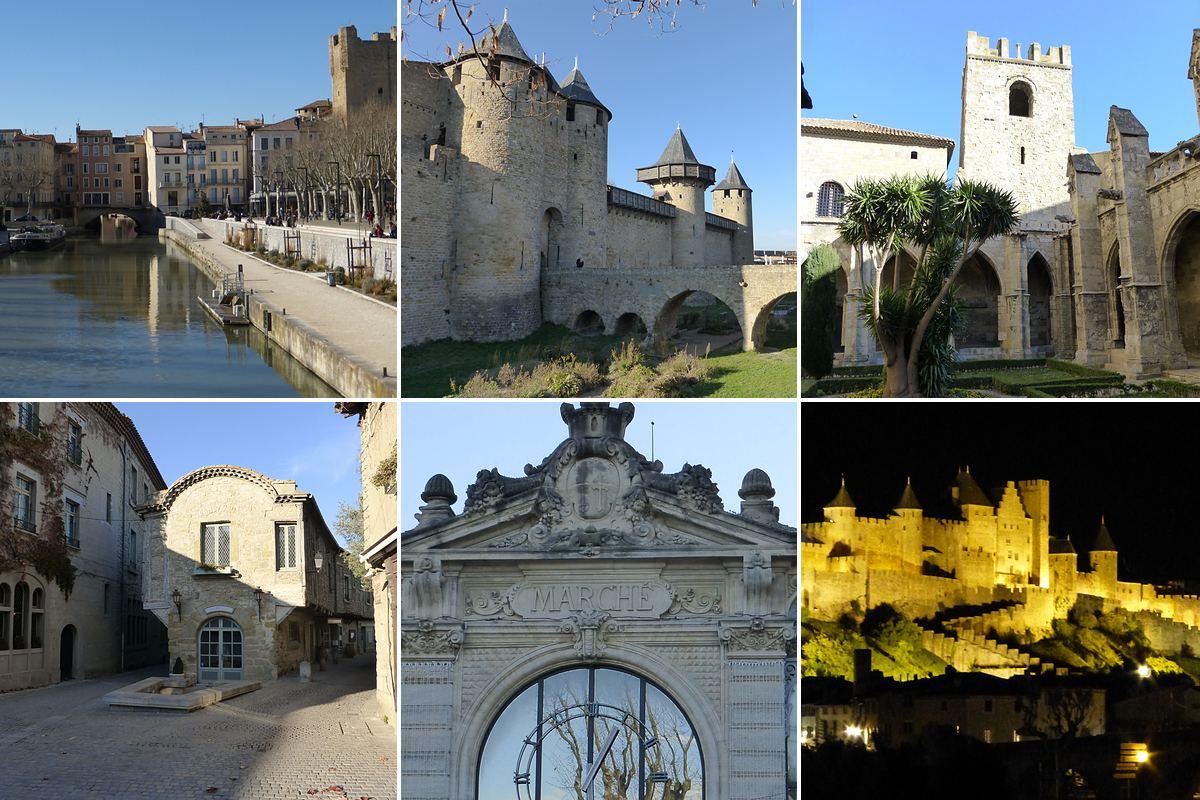 Discovering historic towns in the Aude: the Canal de la Robine, cloister and market hall in Narbonne, and the castle, square and floodlit walls of Carcassonne