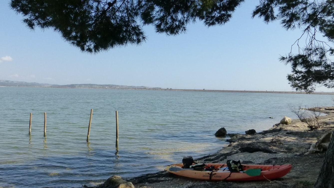 Kayak on the shore of a Languedoc lagoon, beneath the pines