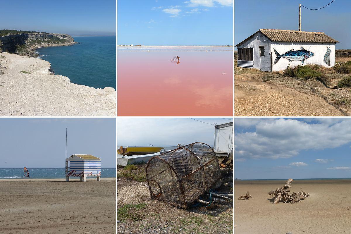 Enjoying the Mediterranean seaside: white cliff, pink salt pan, fisherman’s hut with a painted mackerel, lifeguard hut, fish trap and boat, driftwood on the beach