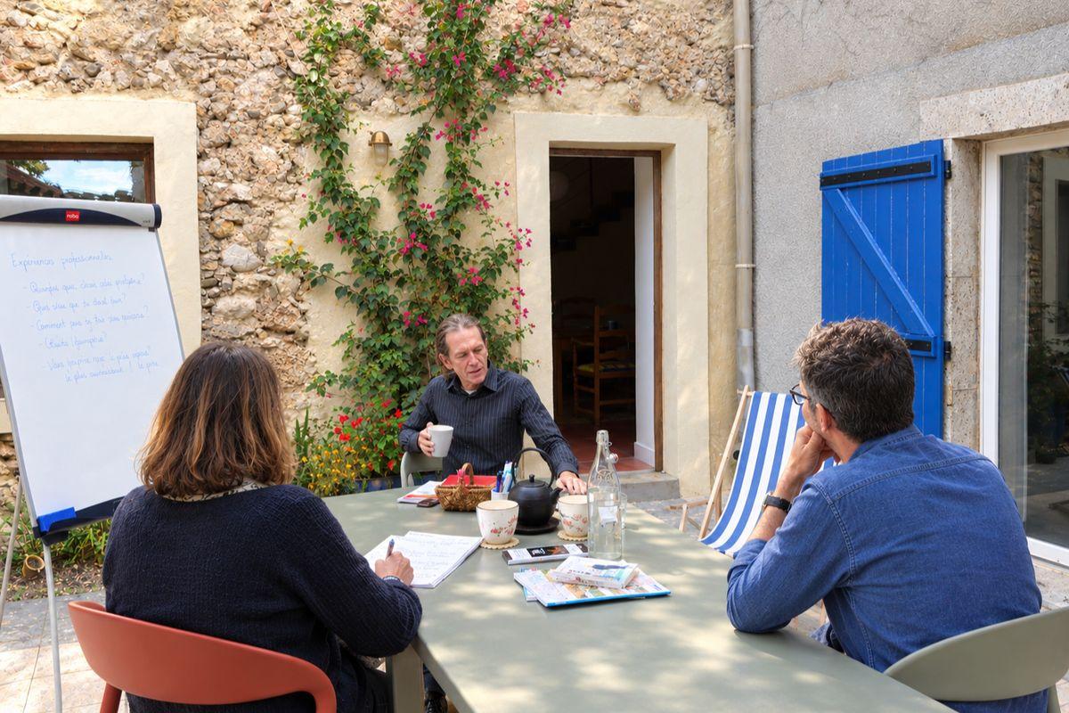 Mini-group French lesson in the school courtyard: the teacher and two learners around a table, with a flipchart