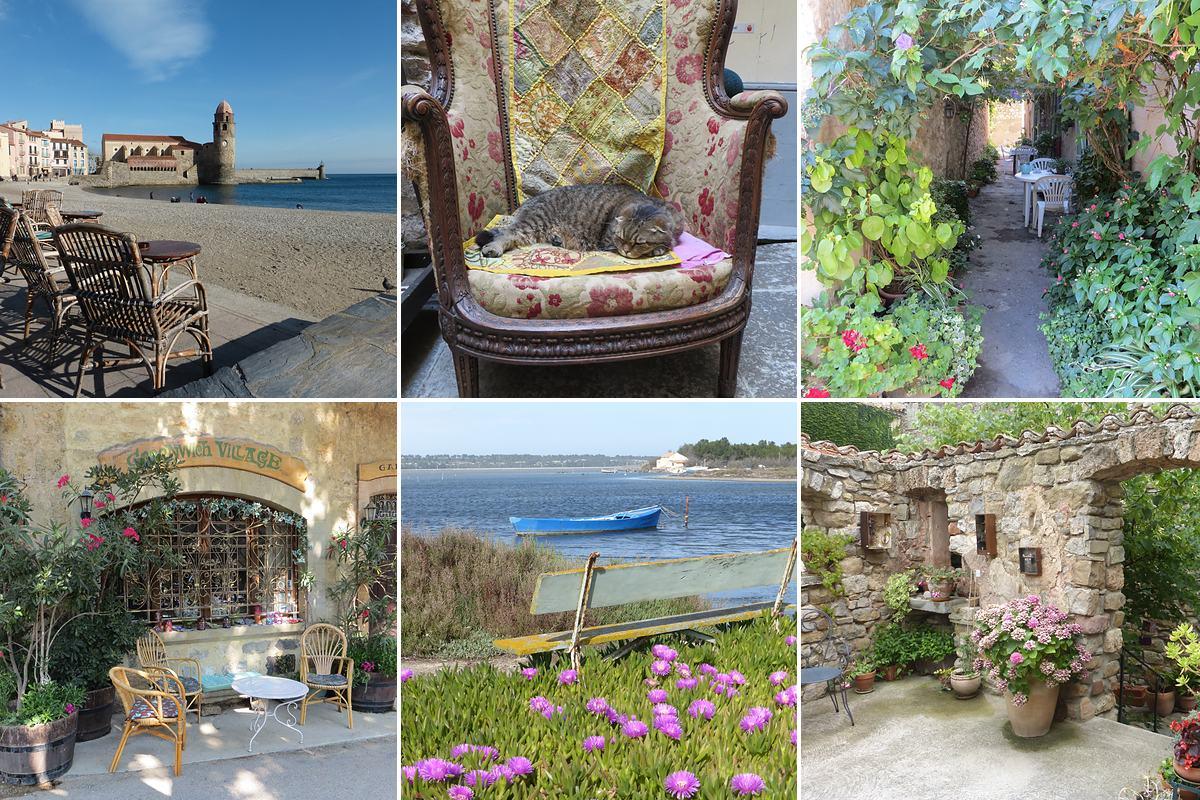 Taking time to live in the South of France: wicker chairs by the sea in Collioure, a sleeping cat, a flowered lane, a bench and boat on the lagoon, a stone courtyard